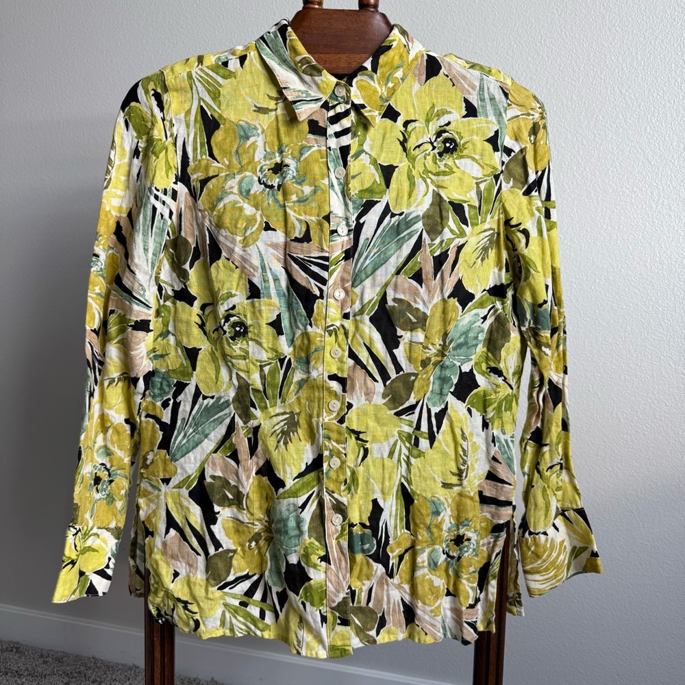 Studio by Liz Claiborne 100% Linen Floral Button Shirt Petite M Tropical Resort